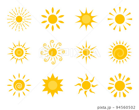 Sun flat icon set. Various yellow sunshine star. Cartoon summer sunlight nature sky. Simple graphic solar circle sign. Sunny heat rays weather app symbol. Logotype sunrise sunset isolated on white. 94560502