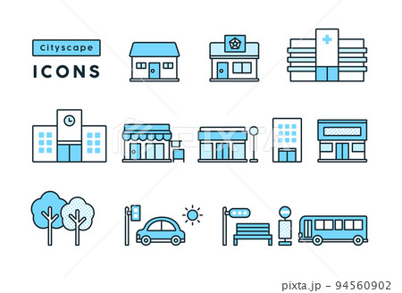 病院や学校、飲食店やビルのシンプルなイラスト素材。街並みのベクターアイコンセット。 94560902