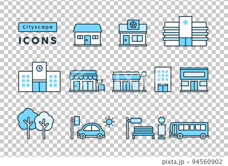 病院や学校、飲食店やビルのシンプルなイラスト素材。街並みのベクターアイコンセット。 94560902