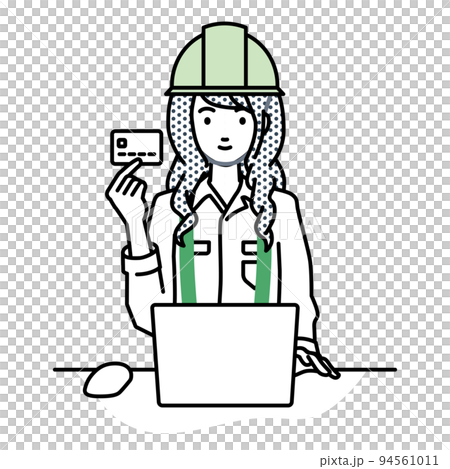 デスクで座ってPCを使いながらクレジットカードを手に持っている工事現場の女性 デスクで座ってPCを使いながらクレジットカードを手に持っている工事現場の女性 94561011