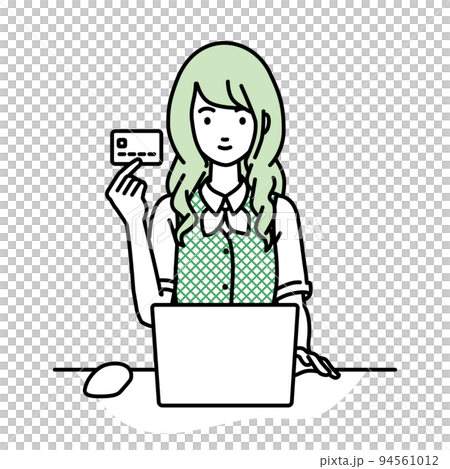デスクで座ってPCを使いながらクレジットカードを手に持っている事務員制服の女性 94561012