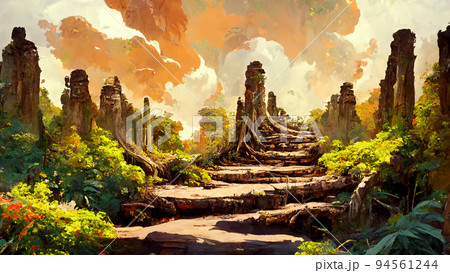 forest Mayan style adventures bridge 3D illustration forest Mayan style adventures bridge 3D illustration 94561244