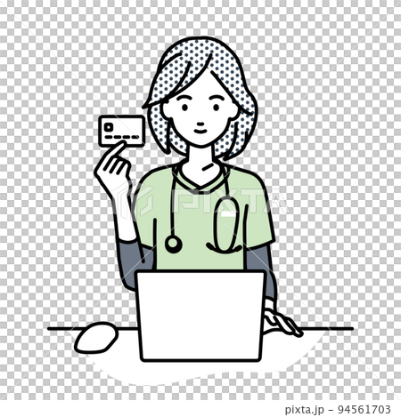 デスクで座ってPCを使いながらクレジットカードを手に持っている看護師の女性 デスクで座ってPCを使いながらクレジットカードを手に持っている看護師の女性 94561703