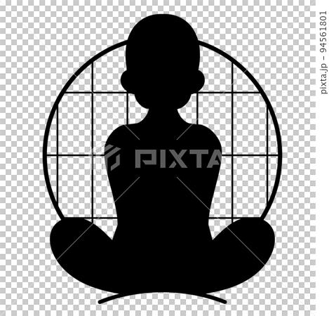 坐在冥想中的女人的圓窗和剪影 94561801