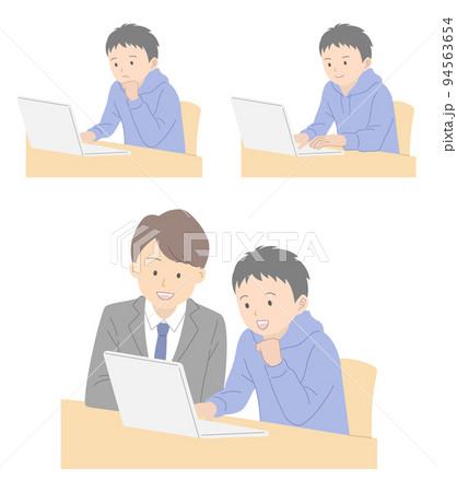 パソコンで勉強をする男子学生と教える男性教師のイラスト素材セット 94563654