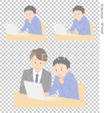 パソコンで勉強をする男子学生と教える男性教師のイラスト素材セット 94563654
