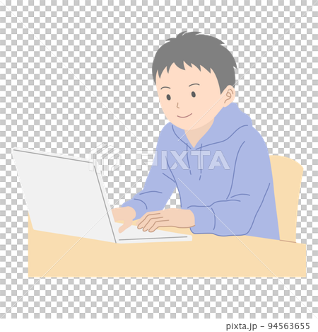 パソコンで勉強をする生き生きした表情の男子学生 94563655