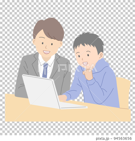 在電腦上學習的男學生和教書的男教師 94563656