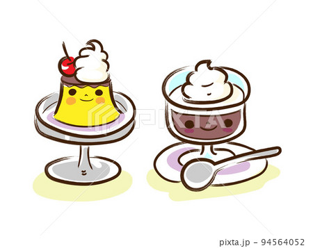 レトロ喫茶店のかわいいプリンとコーヒーゼリーのイラストセット 94564052