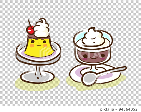 レトロ喫茶店のかわいいプリンとコーヒーゼリーのイラストセット 94564052