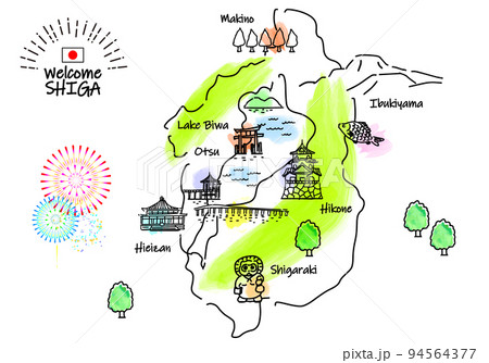 滋賀県の観光地のシンプル線画イラストマップ 94564377