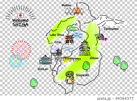 滋賀県の観光地のシンプル線画イラストマップ 94564377