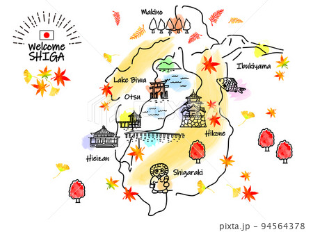 秋の滋賀県の観光地のシンプル線画イラストマップ 94564378