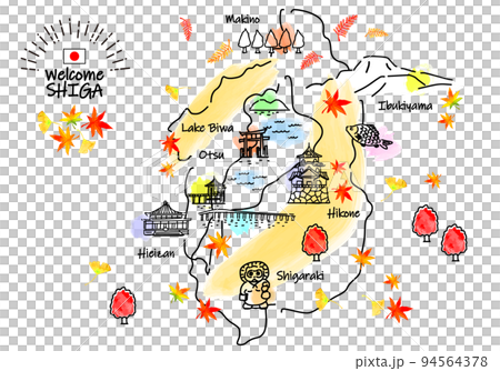 秋の滋賀県の観光地のシンプル線画イラストマップ 94564378