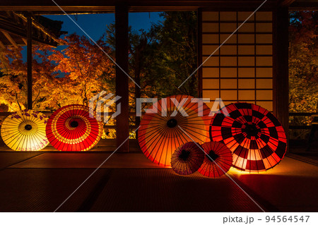 京都東山の秋　勝林寺　紅葉と和傘のライトアップ 94564547