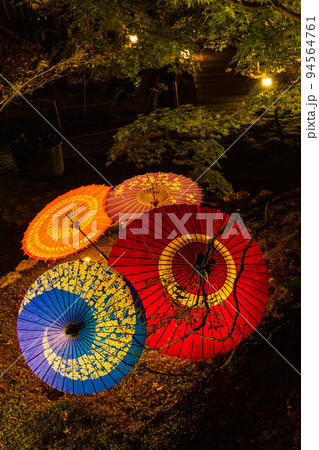 京都東山の秋　勝林寺　紅葉と和傘のライトアップ 94564761