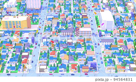 住宅街CG 　パステルカラー　街並み　俯瞰　背景 　ポップ 94564831