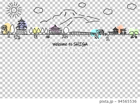 滋賀県の観光地の街並みと人々のシンプル線画イラスト	 94565536