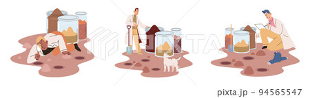 Soil analysis and earth pollution or structure control. Scientist measuring ground levels status metaphor Soil analysis and earth pollution or structure control. Scientist measuring ground levels status metaphor 94565547