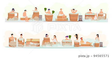 Sauna and steam room. Set of people in sauna. People relax and steam with birch brooms in banya 94565571