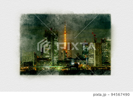 東京港区芝浦の東京タワーとタワーマンションの夜景,豊洲から見る東京湾のイルミネーション 94567490