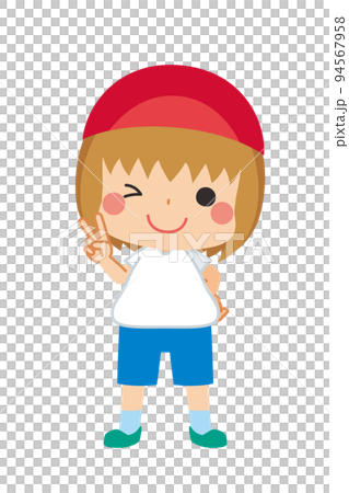 体操着でピースをして微笑んでいる可愛い小学生の女の子のイラスト　全身　人物　白背景　ベクター 94567958