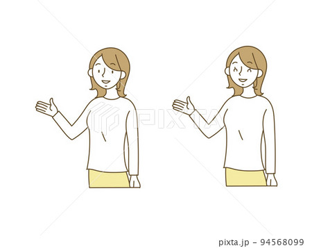 カジュアルな長袖の服装で案内するポーズの若い女性のイラストセット カジュアルな長袖の服装で案内するポーズの若い女性のイラストセット 94568099