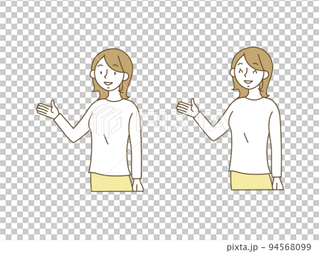 カジュアルな長袖の服装で案内するポーズの若い女性のイラストセット カジュアルな長袖の服装で案内するポーズの若い女性のイラストセット 94568099