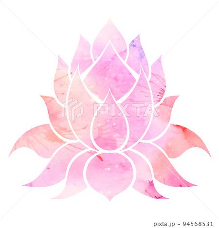 Vector watercolor lotus illustration. Simple silhouette of water lily on pink background with splashes. Mystical picture Vector watercolor lotus illustration. Simple silhouette of water lily on pink background with splashes. Mystical picture 94568531