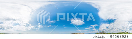 Seamless panorama of sky with light clouds in spherical equirectangular format with complete zenith for use in 3D graphics, game and for composites in aerial drone 360 degree panoramas as a sky dome. Seamless panorama of sky with light clouds in spherical equirectangular format with complete zenith for use in 3D graphics, game and for composites in aerial drone 360 degree panoramas as a sky dome. 94568923