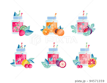Set of smoothie in glass jars with straws. Healthy superfood with kiwi, strawberry, apricot, fig fruit, cherry fruit and berries flat vector illustration 94571359