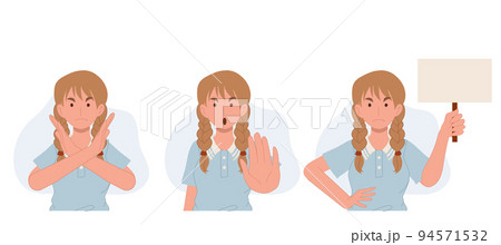 Woman is showing a gesture No. negative, opposite gestures set. woman protested holding a sign with the words No. no concept. vector illustration. Woman is showing a gesture No. negative, opposite gestures set. woman protested holding a sign with the words No. no concept. vector illustration. 94571532