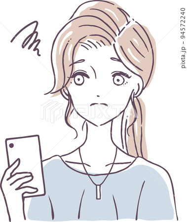 スマートフォンを見つめて悩む女性のイラスト素材 スマホ ネット SNS疲れ スマートフォンを見つめて悩む女性のイラスト素材 スマホ ネット SNS疲れ 94572240
