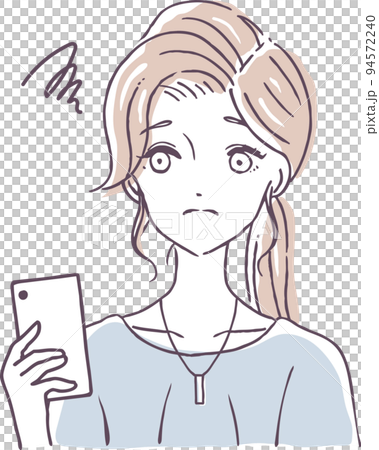 スマートフォンを見つめて悩む女性のイラスト素材 スマホ ネット SNS疲れ スマートフォンを見つめて悩む女性のイラスト素材 スマホ ネット SNS疲れ 94572240