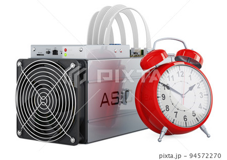Asic miner with alarm clock, 3D rendering Asic miner with alarm clock, 3D rendering 94572270
