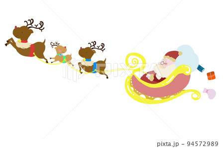 空を飛ぶトナカイの親子3匹とそりに載るサンタクロース 94572989