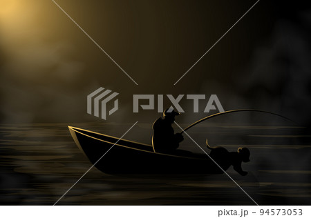 Vector image of a fisherman on a boat with a dog in the dark in