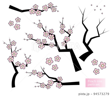 日本の植物 桃の花が咲き誇っている桃の木 和風のお洒落なイラスト パーツセット ベクター 94573279