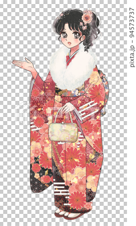 Full-body illustration of a black-haired beautiful woman in a kimono in a retro girl's cartoon style to guide 94573737