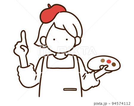 パレットを持った画家の女の子が人差し指をさすおしゃれな線画イラスト 94574112