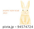 パステル風で、白背景にベージュのウサギが謹賀新年の挨拶をしている年賀状 94574724