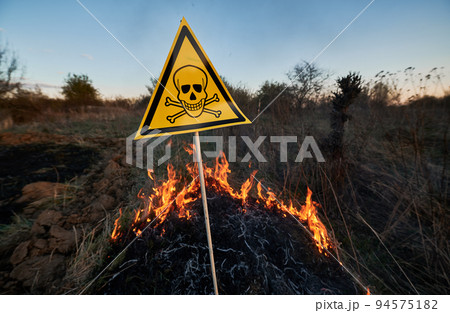 Burning dry grass and poison toxic sign. Yellow triangle with skull and crossbones sign warning about poisonous substances and danger in field with fire. Ecology, hazard, natural disaster concept. Burning dry grass and poison toxic sign. Yellow triangle with skull and crossbones sign warning about poisonous substances and danger in field with fire. Ecology, hazard, natural disaster concept. 94575182