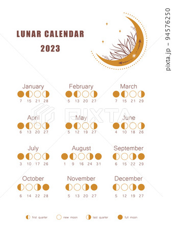Moon calendar 2023 year. Lunar phases shedule template. Boho astrological poster. Vintage vector illustration 94576250