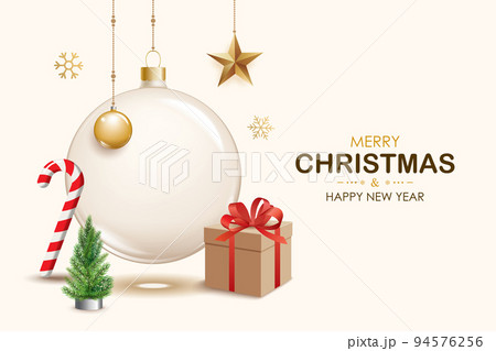 Merry christmas glass ball and decoration object for flyer brochure design on white background invitation theme concept. Happy holiday greeting banner and card template. Merry christmas glass ball and decoration object for flyer brochure design on white background invitation theme concept. Happy holiday greeting banner and card template. 94576256