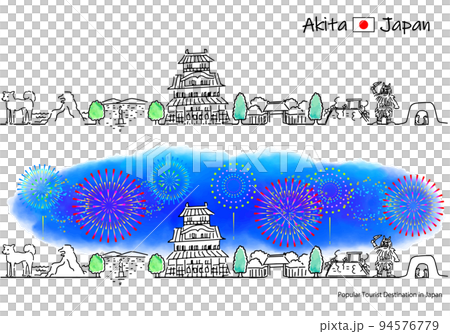 秋田縣觀光景點煙花和街景的簡單線描 94576779
