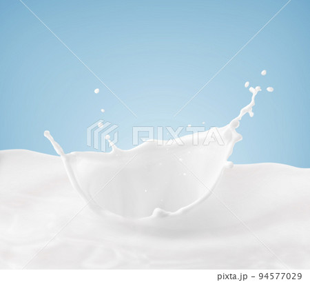 Milk crown splash, splashing in milk pool with blue background Milk crown splash, splashing in milk pool with blue background 94577029
