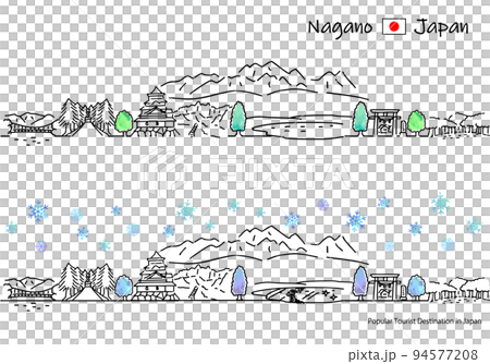 冬の長野県の観光地の街並みのシンプル線画セット（千畳敷カール） 94577208