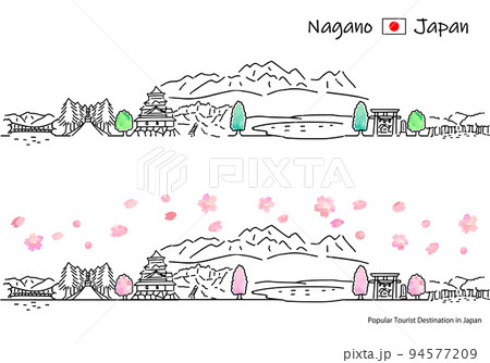 春の長野県の観光地の街並みのシンプル線画セット（千畳敷カール） 94577209
