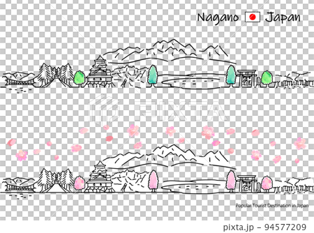 春の長野県の観光地の街並みのシンプル線画セット（千畳敷カール） 94577209