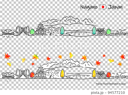 秋の長野県の観光地の街並みのシンプル線画セット（千畳敷カール） 94577210
